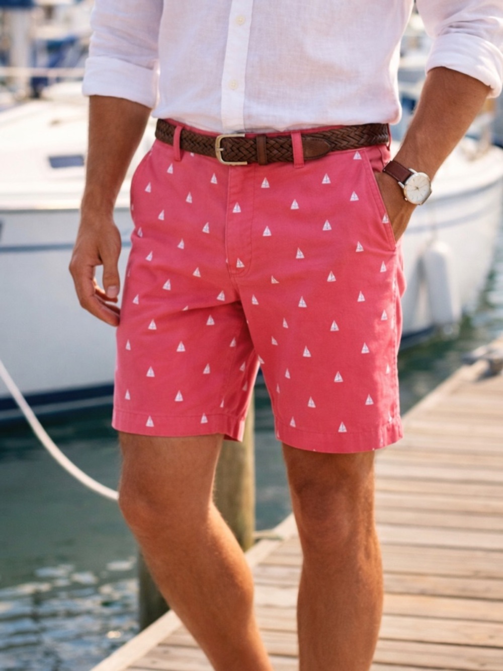 TACKLE & TIDES Sailboat Print Shorts Mens 38 Salmon Pink Flat Front Golf Coastal